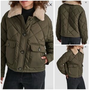 NEW DKNY Crop Quilted Jacket with Faux Fur Trim Size Small